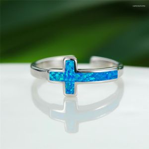 Fedi nuziali Charm Donna Anello in pietra opale blu Classico Colore argento Fidanzamento Croce vintage regolabile per le donne