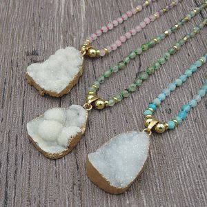 Pendant Necklaces Titanium AB Color Natural Crystal Druzy Irregular Pendants 4mm Stone Faceted Round Beads Knot Handmade