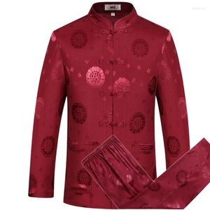 Roupas étnicas de terno de tang masculino de impressão chinesa Defina calças de manga comprida Wu Shu shu tai chi vinho vermelho 2022