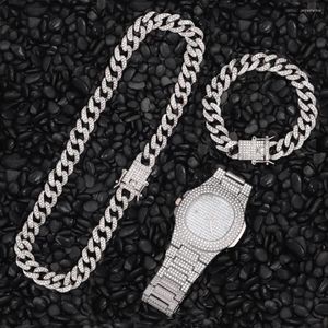 Pendant Necklaces 1 Kit Necklace Watch Bracelet Hip Hop Rapper Cuban Chain Gold Color Iced Out Paved Rhinestone For Men African Jewelry