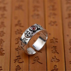Pierścienie klastra srebrne 925 Dorje vajra otwarty pierścień z czerwonym kamieniem cyrkonu om mani padmei hum hinduizm buddyzm religijny biżuteria