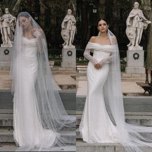 Glamorous Denizkızı Gelinlik Omuz Kapalı Strapless Sequined Uzun Kollu Mahkeme Elbisesi Özel Made Plus Boyut Gelin Elbise Vestidos De Novia