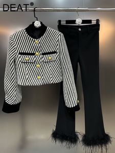 Pantaloni a due pezzi da donna DEAT Moda a righe Colore a contrasto Colletto alla coreana Giacca a maniche lunghe Piuma a vita alta Autunno 11P01901 221130