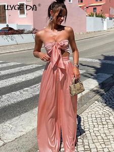 Women's Two Piece Pants Strapless Tops Wide Leg Women Set Ruched Lace Up Crop Top Pieces Sets Lady Summer Sexy Elegant Long Trousers Suit 221130
