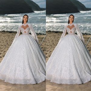 Abito da sposa con perline squisite, abito da ballo, abiti da sposa da chiesa in pizzo lucido con collo alto e paillettes