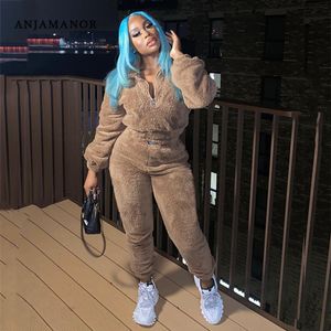Women's Two Piece Pants ANJAMANOR Winter Outfits Thick Warm Fleece Sweatsuits for Women Sweatpants and Hoodie Set Jogging Suits D89 EE48 221130