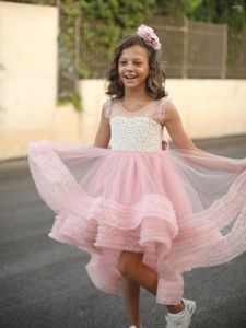 Vestidos de menina pérolas rosa branco flor alta baixa presa joelheira de joelho comprida o vestido de concurso de tule sem mangas