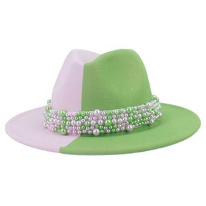İnciler Band fedoras şapka kireç yeşil ve pembe patchwork kadınlar için şapka keçe caz kilisesi üst şapka geniş ağızlı panama kapağı