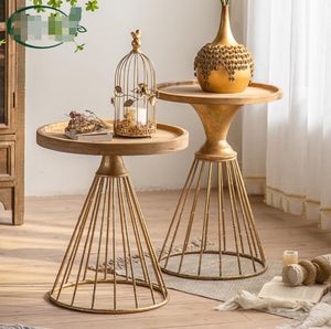 Small round table Living Room Furniture American style antique solid wood S tea table iron bedside coffee shop decoration corner tables