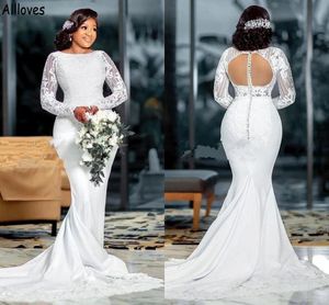 Elegante weiße Satin-afrikanische Meerjungfrau-Hochzeitskleider mit Juwelenausschnitt und langen Ärmeln Brautkleider in Übergröße mit Spitze, durchsichtig, hinten, Vestidos De Novia CL1524