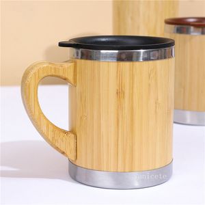 Tazze da caffè in acciaio inossidabile con bicchiere di bambù con manico e coperchi Tazze d'acqua isolate ecologiche Spedizione marittima LT195