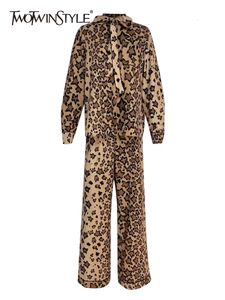 Women's Two Piece Pants TWOTWINSTYLE Leopard Set Womens Lapel Long Sleeve Tops High Waist Wide Leg Colorblock Sets Female Clothing 221130