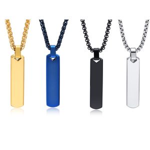 Simple Rectangular Necklace Bar Pendant Stainless Steel Chain 24inch For Mens Women Fashion Jewelry 4 Color Choose Blue Black Silver Golden