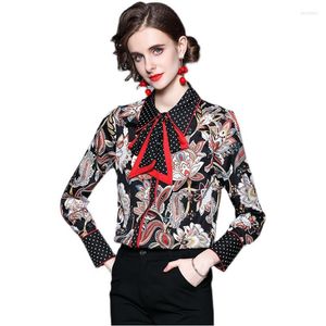 Bluzki damskie kwiatowy nadruk bluzka Kobiet Bow Tower Blusas Mujer de Moda Polka Dot Okoł Pełne długie rękawy Chemisier Femme Sexy