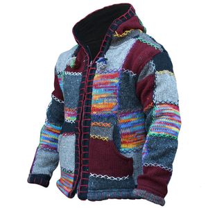 Männer Pullover Nähte Ethnische Farbe Stricken Mantel Dicke Winter Warme Mit Kapuze Jacke Berg Männer Strickjacke Harajuku Patchwork Mäntel 221130