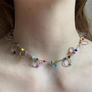 Choker Gyaru Colorful Beaded Circular Ring Necklace For Egirl Women Korean Titanium Steel Unusual Necklaces 2022 Trend Jewelry