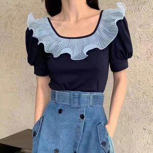 Camicette da donna Camicetta coreana con volant Camicette patchwork con maniche a sbuffo Kawaii estive da donna Camicie vintage Femme