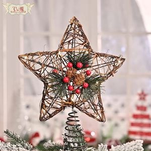 Christmas Decorations Valery Madelyn Rattan Tree Topper Pine Cones Star with 10LED Lights for Home 2023 221130