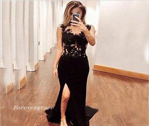 Wholesale Sexy Long Black Mermaid Prom Dress Appliques Lace Side Slit Formal Evening Party Gown Custom Made Plus Size4257209