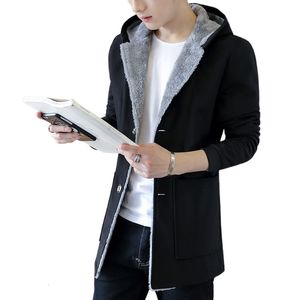 Мужские траншевые пальто мужская мода теплая куртка с капюшоном зимние мужчины плюс бархатный утолщение тонкое шерстяное пальто 221130