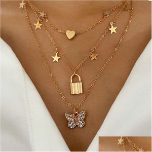 Collane con ciondolo Gioielli di moda Collana con ciondolo Mtilayer Cuore metallico Stelle Loket Farfalla Chocker Collane Drop Delivery Pend Dhitv