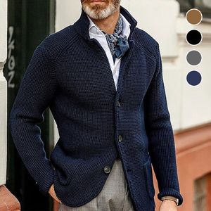 Menströjor Stand Coll Sticked Warm Casual Cardigan Coat Long Sleeve Sweater Jacka Solid Tjock Knitting Sweatercoat 221130