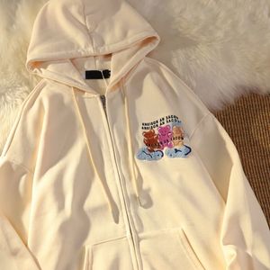 Women's Hoodies Sweatshirts Letter Embroidery High Street Fashion Bear Flocking Sweatshirt Loose Casual Zip Up Hoodie Clothes for Teens 221129