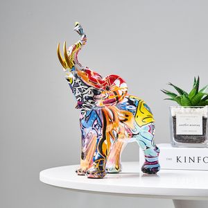 Dekorativa föremål Figurer Färgglada elefantkonstskulptur Creative Home Decoration Modern Graffiti Staty Office Desktop Decor Harts Accessories 221129