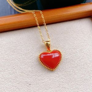 Anhänger Halsketten Rotes Herz Hochwertige Halskette Eingelegter Halbedelstein Klassische Einfache Weibliche Retro Persönlichkeit S925