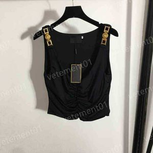 Bayan T-Shirt Metal Omuz Düğmesi Slim Fit Serin Tanklar Üst Yaz Konfor Lüks Tasarımcı Rahat Kadın Giyim
