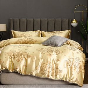 Zestawy pościeli Rayon Jacquard Gold Set Luksusowy satynowy Królowa King Size Cover High End Soft Single Bed Pokrywa 221129