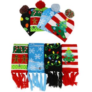 Juldekorationer hattar med LED -lätt mjuk stickad hatscarf set Santa Snowman Reindeer Hat Adult Kids Xmas Party Cap U3 221130