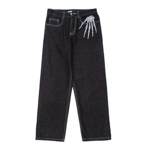 Jeans da uomo Dark Streetwear Scheletro Ricamo Punk Nero Uomo Pantaloni Hip Hop Dritto Casual Pantaloni larghi in denim Pantalons Capris 221130