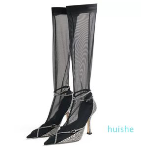 2022 women Ladies sexy Knee boots high heels Fashion booties dress shoes pillage toe pionted toes wedding party buckle diamond Str5429603