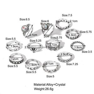 Band Rings Bohemian Fashion Jewelry Knuckle Ring Set Sier Bee Chain Heart Geometric Round Stacking Rings Midi Sets 12Pcs/Set Drop Del Dhtlm