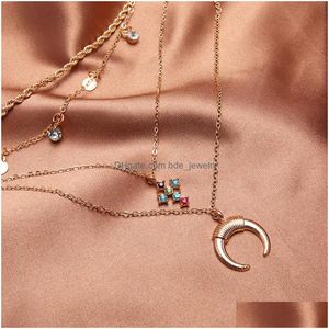 Pendant Necklaces Bohemina Fashion Jewelry Mti Layer Necklace Moon Horn Disc Pendant Drop Delivery Necklaces Pendants Dhoqq