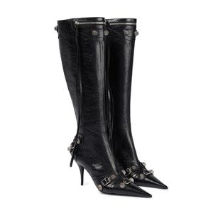 Laarzen cagole designer laarzen vrouw winter zwarte knie-high boot buckle gespleurde puntige teen sexy stiletto hiel echt lederen tall b gvv