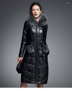 Women's Leather High Quality Genuine Jacket Women Duck Down Long Hooded Pure Fur Jaqueta Plus Size 3XL Overcoat LX356