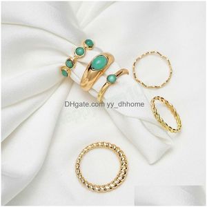 An￩is de banda Bohemian 6 PCs Green Crystal Ring Set for Women Girls 2022 Trend Wave Rings Boho Jewelry Gift Drop Deliver