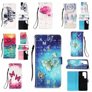 3Dフラワーレザーウォレットケース用16 SE4 15 14 Plus Pro 13 12 11 XS Max Xr X Sea Skull Lace Butterfly Eiffel Tower Unicorn Flip Cover Credit ID Card Card Stouch Strap