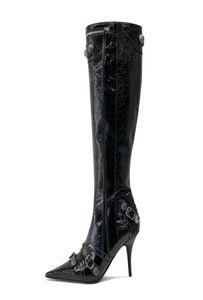 Boots Boots Cagole belt buckle decoration knee high boots women039s leather side zipper pointed sexy fashion luxury designer fa3927721