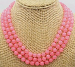 Chains 3row 17-19" 8mm Rose Jade Beads Necklace 18K GP Clasp