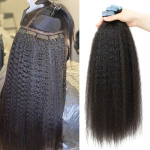 60 pcs Kinky Straight Tape In Human Hair Extensions For Women 14"-30" Invisible Natural Virgin Hair