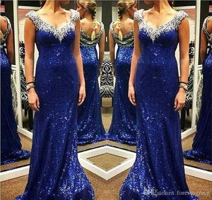 Royal Blue Mermaid Evening Dresses Sequins Sleeveless Sheath Designer Ruched Floor Length Custom Made Formal Ocn Wear Arabic Prom Gown Vestidos 403