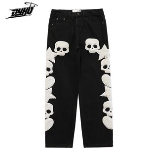 Мужские джинсы Vintage Pocket Skull Embroidery Straight Cargo Pants Мужские и женские брюки больших размеров Harajuku Streetwear Denim 221130