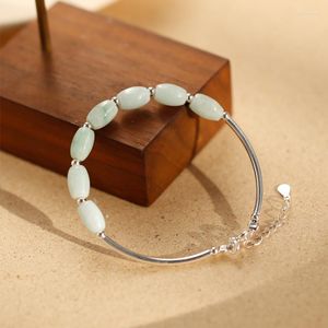 Link Bracelets Elegant Women's Natural Oval Green Jade &Round Ball Bangle For Women Silver Color Wedding Fine Jewelry Gifts