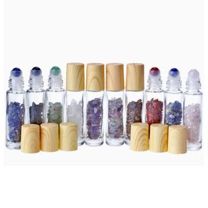 10ml Natural Gemstone Jade Roller Bottle Plastic Wood Grain Lid Refillable Essential Oil Bottle 1130