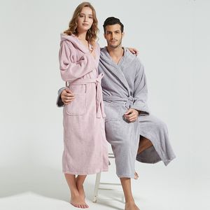 Men's Robes Men Bathrobe Hooded 100% Cotton Thick Warm Towel Fleece Dressing Gowns Long Bath el Spa Soft Bridesmaid 221130