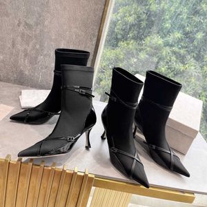 Black Patent Leather Matte Cross Sleeve Pointed High Heel Shoes Boots Medium Fine Heel Fashion Boots Belt Elastic Boots 221130