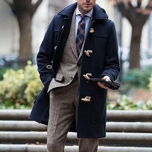 Giacche da uomo Giacca da uomo di media lunghezza tinta unita risvolto corno fibbia tasca moda trendy autunno inverno blu navy soprabito maschile taglie forti 221130